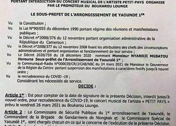 Les autorités de la région du littoral au Cameroun, annulent le concert de l'artiste Petit Pays