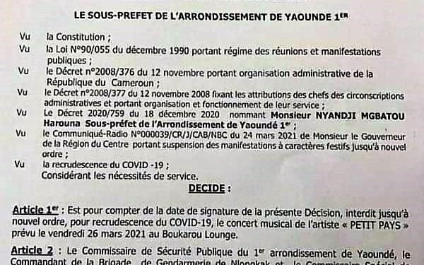 Les autorités de la région du littoral au Cameroun, annulent le concert de l'artiste Petit Pays