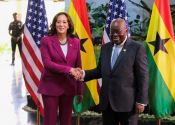 U.S. Vice President Kamala Harris meets with Ghana's President Nana Akufo-Addo during her week-long trip to Ghana, Tanzania and Zambia, in Accra, Ghana March 27, 2023. REUTERS/Francis Kokoroko