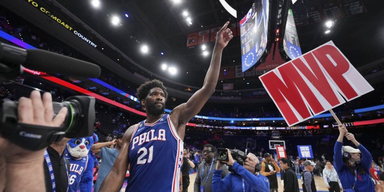 PHILADELPHIA, PA - APRIL 4: Joel Embiid #21 of the Philadelphia 76ers looks on after the game against the Boston Celtics on April 4, 2023 at the Wells Fargo Center in Philadelphia, Pennsylvania NOTE TO USER: User expressly acknowledges and agrees that, by downloading and/or using this Photograph, user is consenting to the terms and conditions of the Getty Images License Agreement. Mandatory Copyright Notice: Copyright 2023 NBAE (Photo by Jesse D. Garrabrant/NBAE via Getty Images)