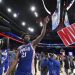 PHILADELPHIA, PA - APRIL 4: Joel Embiid #21 of the Philadelphia 76ers looks on after the game against the Boston Celtics on April 4, 2023 at the Wells Fargo Center in Philadelphia, Pennsylvania NOTE TO USER: User expressly acknowledges and agrees that, by downloading and/or using this Photograph, user is consenting to the terms and conditions of the Getty Images License Agreement. Mandatory Copyright Notice: Copyright 2023 NBAE (Photo by Jesse D. Garrabrant/NBAE via Getty Images)