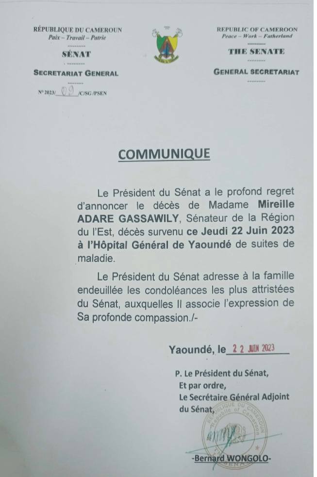 Death annoucement of Senator Mireille Adaré Gassawily