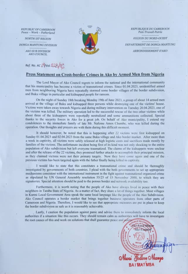 Mayor Of Ako council in Donga Mantung reacts to fulani kidnappings