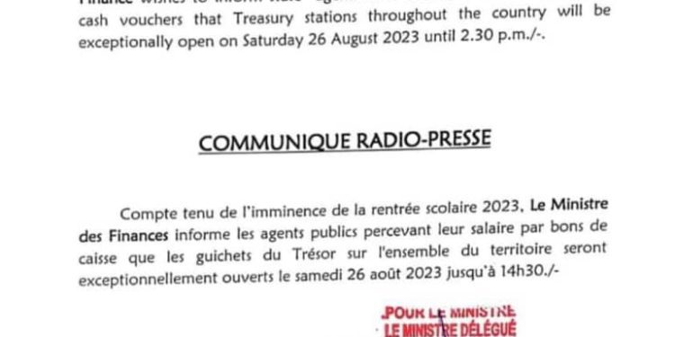 The Minister of Finance in Cameroon has released a statement announcing that treasury stations will open "exceptionally" on Saturday.