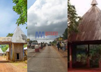 Batoufam Heritage Hut (left) Toll gate (middle) Bayangam Palace entrance (right).