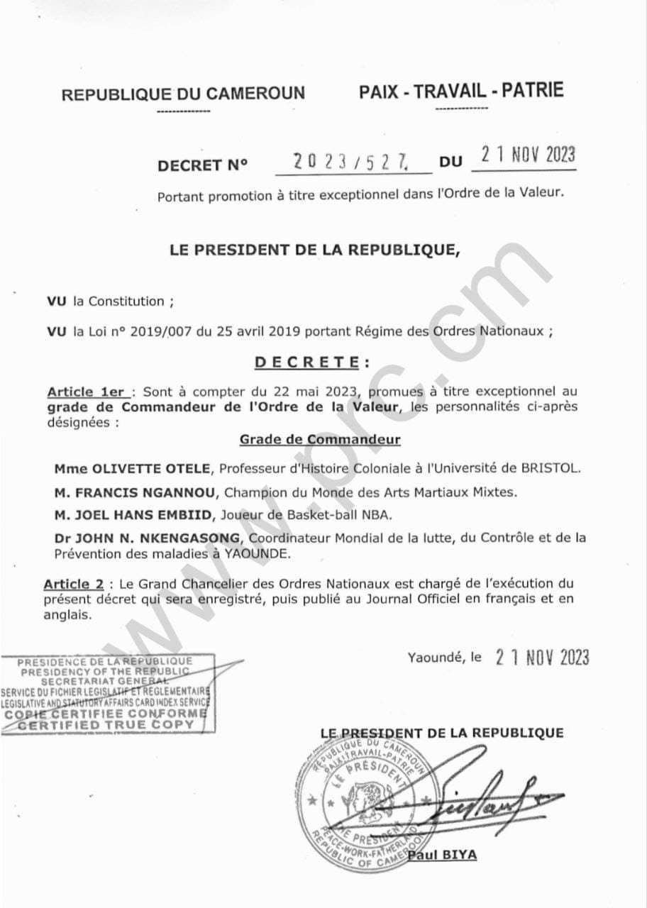 President Biya honours distinguised Cameroonians