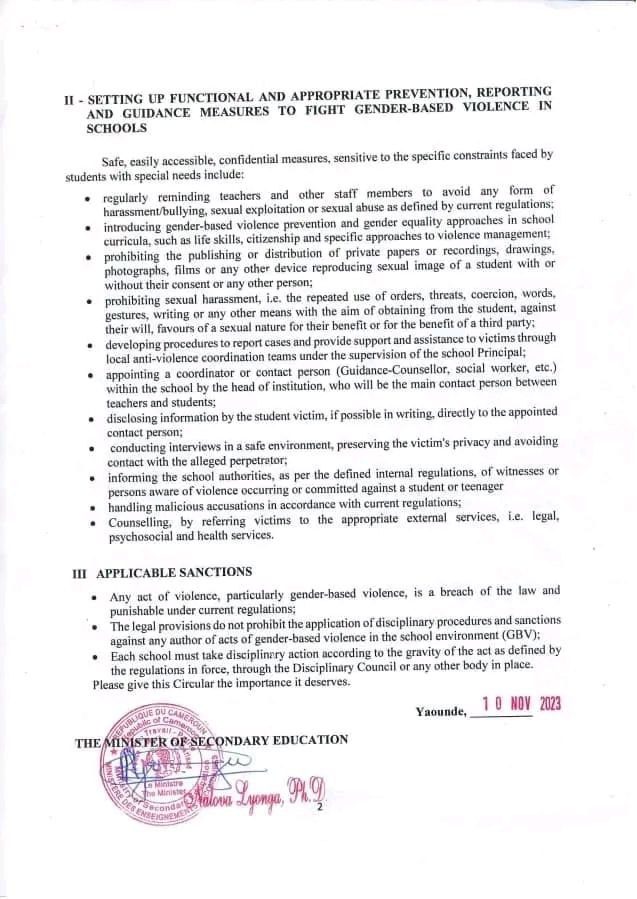 Lyonga issues communique addressing gender-based violence in schools