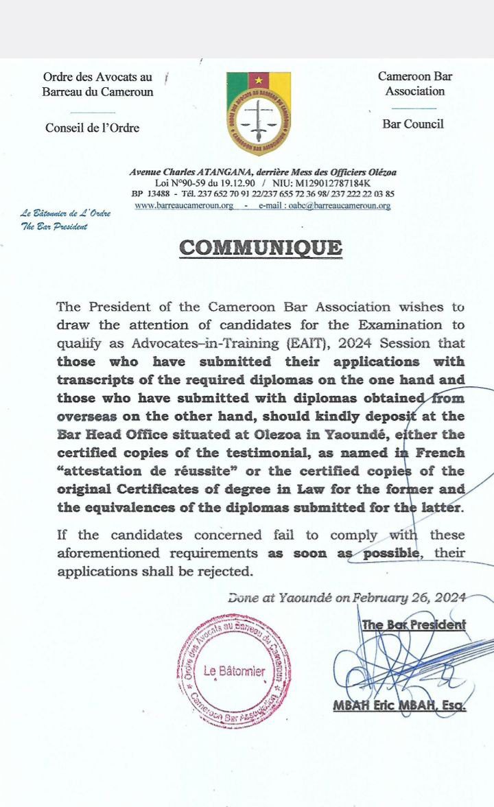 Communique from the Cameroon Bar Association