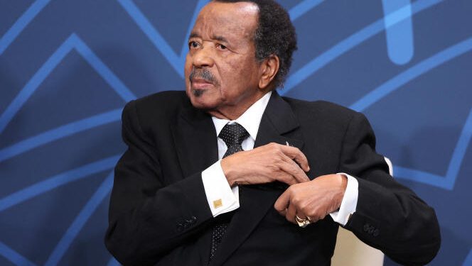WASHINGTON, DC - DECEMBER 13: President of Cameroon Paul Biya delivers remarks during the Space Forum at the U.S. - Africa Leaders Summit on December 13, 2022 in Washington, DC. Leaders met to discuss the peaceful development of Space. The Summit brings together heads of state, government officials, business leaders, and civil society to strengthen ties between the U.S. and Africa.   Kevin Dietsch/Getty Images/AFP (Photo by Kevin Dietsch / GETTY IMAGES NORTH AMERICA / Getty Images via AFP)