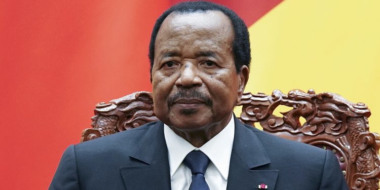 FILE - March 22, 2018 file photo, Cameroon President Paul Biya is seated with Chinese President Xi Jinping as they attend a signing ceremony at the Great Hall Of The People in Beijing. Cameroon's president, one of Africa's longest-serving leaders, says on Friday, July 13, 2018 he will run again in October's election. The 85-year-old president has been in power since 1982. He oversees an increasingly restive Central African nation that faces an Anglophone separatist movement and the threat from Boko Haram extremists crossing the border from Nigeria. (Lintao Zhang/Pool Photo via AP, File)