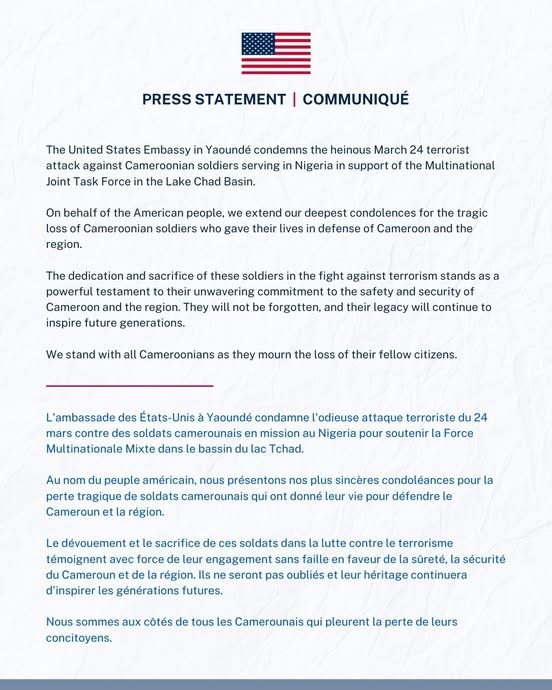 US Embassy Condemns Boko Haram Attack on Cameroonian Soldiers