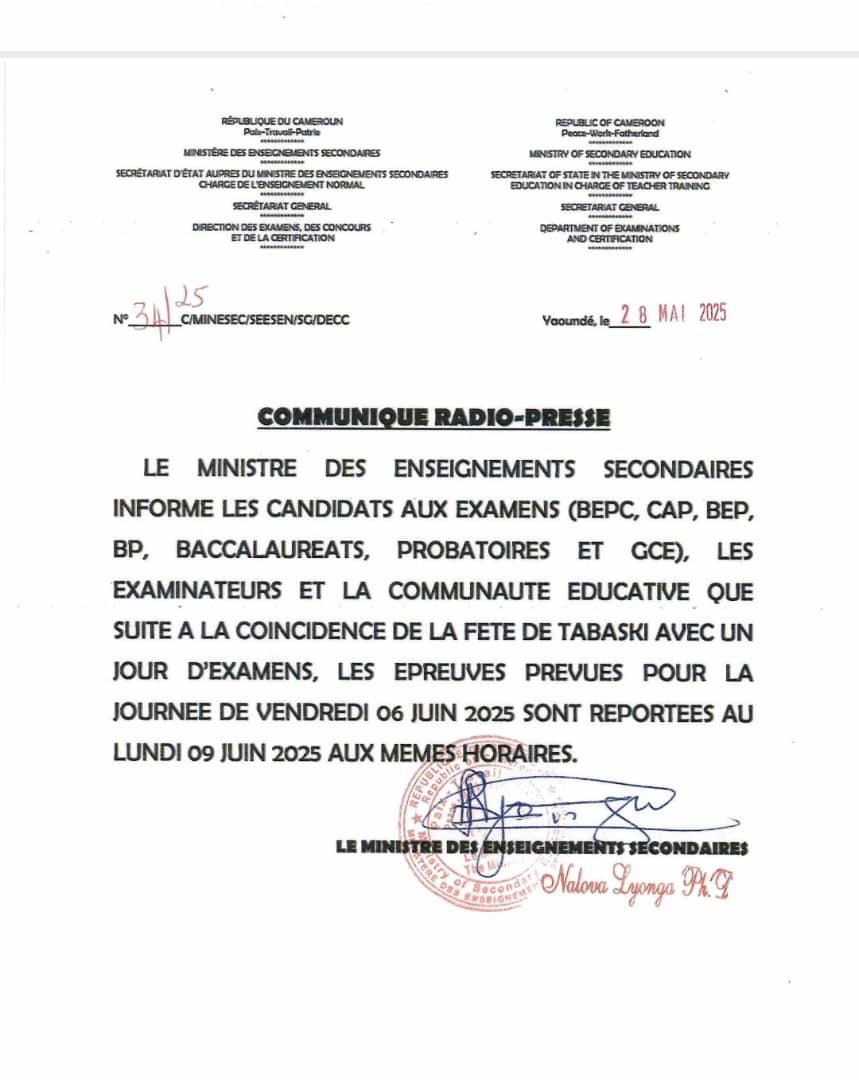 Tabaski Feast communique postponining exams