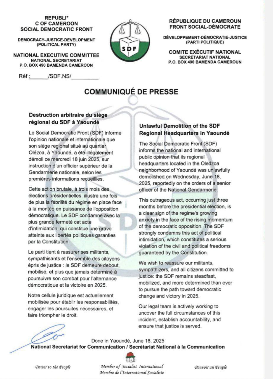 SDF condemns demolition of its building in Yaounde