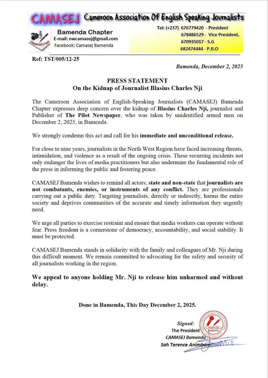 Camasej letter about the kidnap of Blasius Charles Nji