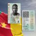 Cameroon national flag cloth fabric waving on beautiful grey sky Background.