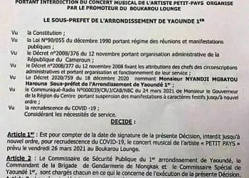 Les autorités de la région du littoral au Cameroun, annulent le concert de l'artiste Petit Pays