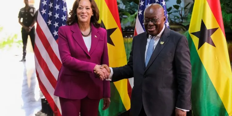 U.S. Vice President Kamala Harris meets with Ghana's President Nana Akufo-Addo during her week-long trip to Ghana, Tanzania and Zambia, in Accra, Ghana March 27, 2023. REUTERS/Francis Kokoroko