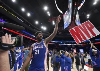 PHILADELPHIA, PA - APRIL 4: Joel Embiid #21 of the Philadelphia 76ers looks on after the game against the Boston Celtics on April 4, 2023 at the Wells Fargo Center in Philadelphia, Pennsylvania NOTE TO USER: User expressly acknowledges and agrees that, by downloading and/or using this Photograph, user is consenting to the terms and conditions of the Getty Images License Agreement. Mandatory Copyright Notice: Copyright 2023 NBAE (Photo by Jesse D. Garrabrant/NBAE via Getty Images)