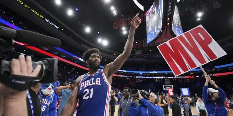 PHILADELPHIA, PA - APRIL 4: Joel Embiid #21 of the Philadelphia 76ers looks on after the game against the Boston Celtics on April 4, 2023 at the Wells Fargo Center in Philadelphia, Pennsylvania NOTE TO USER: User expressly acknowledges and agrees that, by downloading and/or using this Photograph, user is consenting to the terms and conditions of the Getty Images License Agreement. Mandatory Copyright Notice: Copyright 2023 NBAE (Photo by Jesse D. Garrabrant/NBAE via Getty Images)