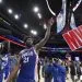 PHILADELPHIA, PA - APRIL 4: Joel Embiid #21 of the Philadelphia 76ers looks on after the game against the Boston Celtics on April 4, 2023 at the Wells Fargo Center in Philadelphia, Pennsylvania NOTE TO USER: User expressly acknowledges and agrees that, by downloading and/or using this Photograph, user is consenting to the terms and conditions of the Getty Images License Agreement. Mandatory Copyright Notice: Copyright 2023 NBAE (Photo by Jesse D. Garrabrant/NBAE via Getty Images)
