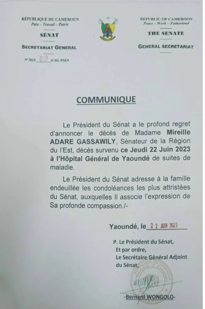 Death annoucement of Senator Mireille Adaré Gassawily