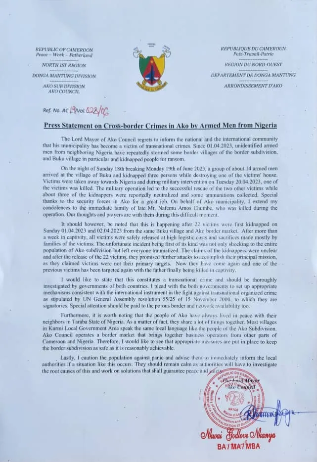 Mayor Of Ako council in Donga Mantung reacts to fulani kidnappings