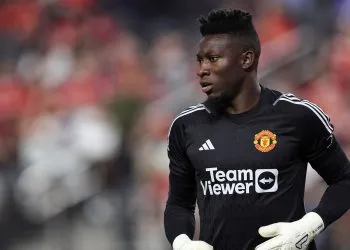 LAS VEGAS, NEVADA - JULY 30: Goalkeeper Andre Onana of Manchester United during the pre-season friendly match between Manchester United and Borussia Dortmund at Allegiant Stadium on July 30, 2023 in Las Vegas, Nevada. (Photo by Matthew Ashton - AMA/Getty Images)