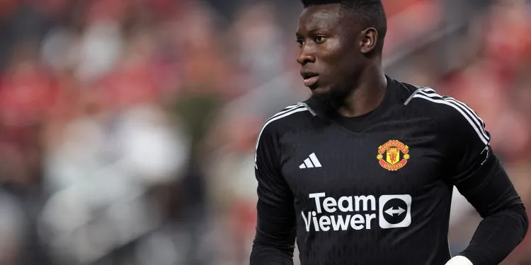 LAS VEGAS, NEVADA - JULY 30: Goalkeeper Andre Onana of Manchester United during the pre-season friendly match between Manchester United and Borussia Dortmund at Allegiant Stadium on July 30, 2023 in Las Vegas, Nevada. (Photo by Matthew Ashton - AMA/Getty Images)