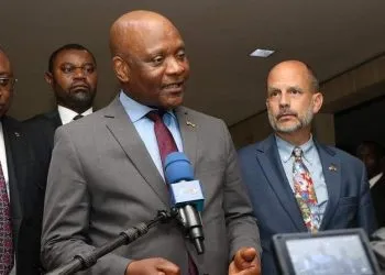Dr John Nkemngong Nkengasong speaking to journalists in Yaounde last week (Credit US Embassy Yaounde)