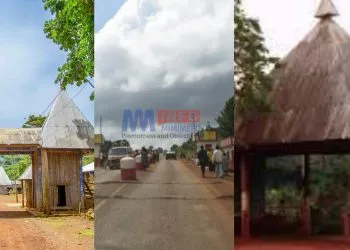 Batoufam Heritage Hut (left) Toll gate (middle) Bayangam Palace entrance (right).