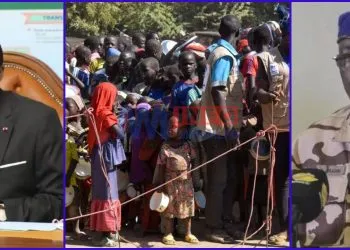 Left - Cameroon Minister of Defence (Right) Chadian counterpart. (Center) File image: Cameroonians who fled deadly intercommunal violence between Arab Choa herders and Mousgoum and Massa farming communities queue to receive food at a temporarily refugee camp on the outskirts of Ndjamena, Chad, Dec. 13, 2021.