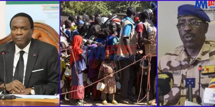 Left - Cameroon Minister of Defence (Right) Chadian counterpart. (Center) File image: Cameroonians who fled deadly intercommunal violence between Arab Choa herders and Mousgoum and Massa farming communities queue to receive food at a temporarily refugee camp on the outskirts of Ndjamena, Chad, Dec. 13, 2021.