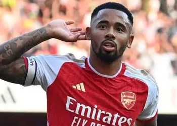 Gabriel Jesus celebrates his second half goal which set up Arsenal for victory
