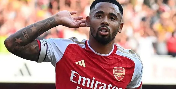 Gabriel Jesus celebrates his second half goal which set up Arsenal for victory