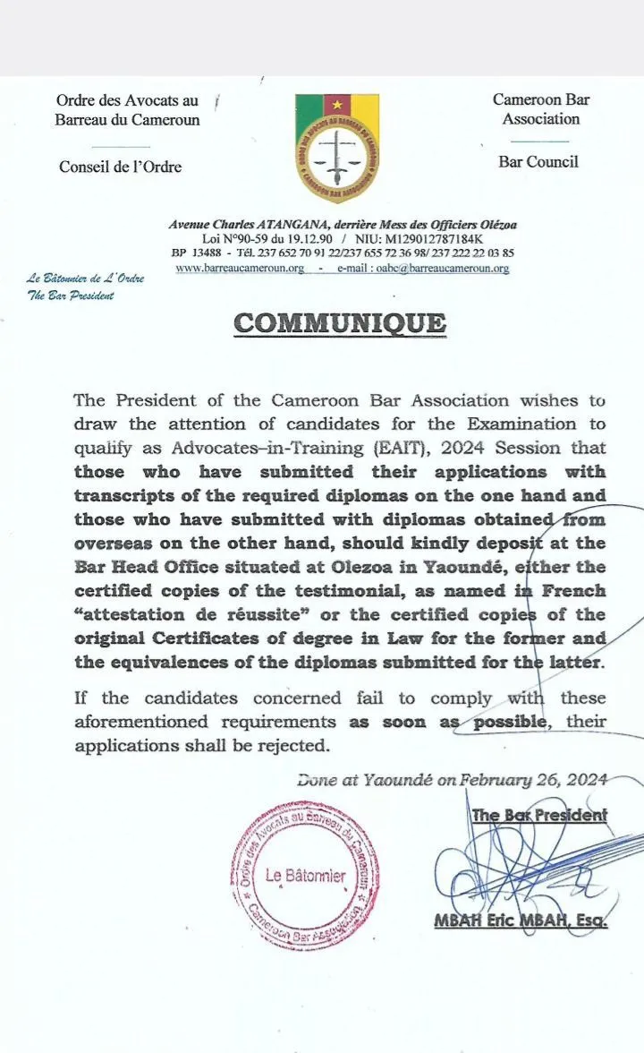 Communique from the Cameroon Bar Association