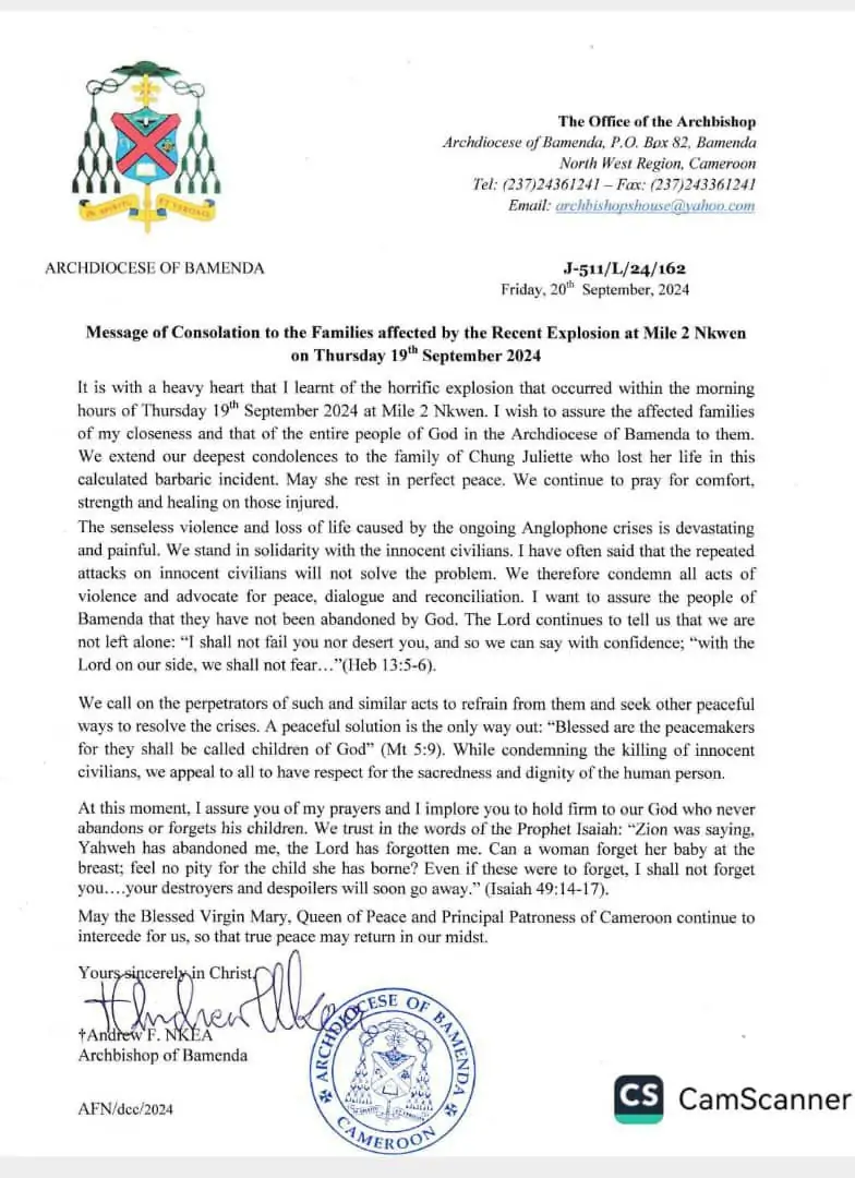 Archbishop Nkea Renews Calls for Dialogue after Nkwen market blast