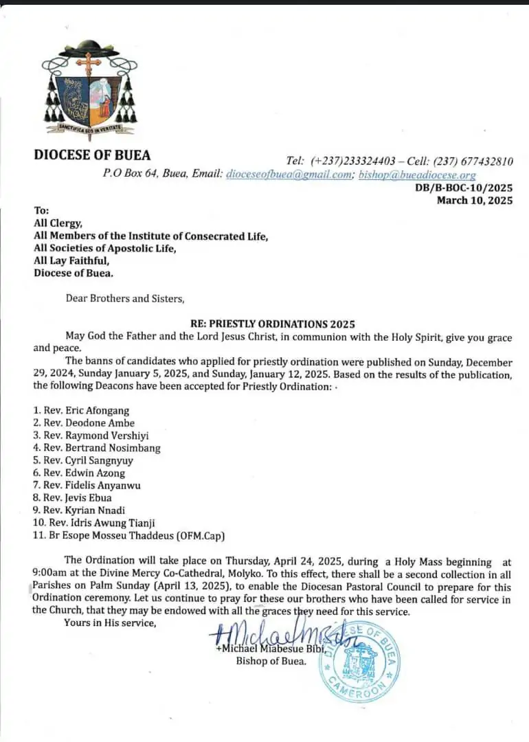 Buea Diocese to Ordain Eleven New Priests in April