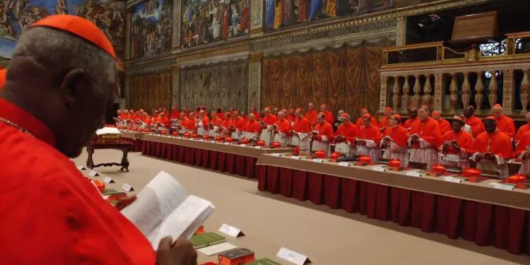 VATICAN CITY - APRIL 18: Cardinals of the Catholic Church attend the election conclave in the Sistine Chapel on April 18, 2005 at the Vatican, Vatican City. The 115 Cardinals will elect a successor to Pope John Paul II during the Conclave in the Chapel, at which point symbolic white smoke rising from the chimney will announce to the world that they have reached a decision. (Photo by Arturo Mari - Vatican Pool/ Getty Images)