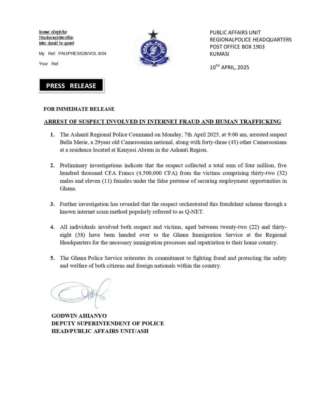 Cameroonian Arrested in Ashanti Region