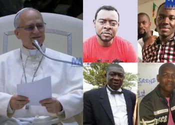 Pope Leo XIV alongside images representing jailed journalists in Cameroon