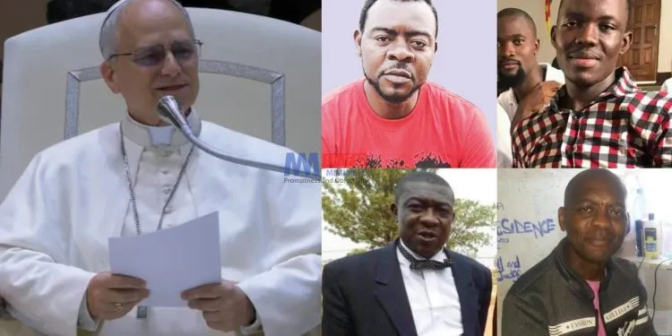 Pope Leo XIV alongside images representing jailed journalists in Cameroon