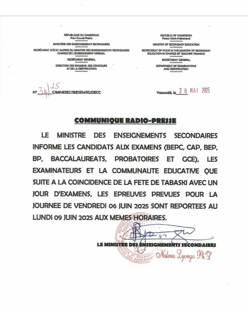 Tabaski Feast communique postponining exams