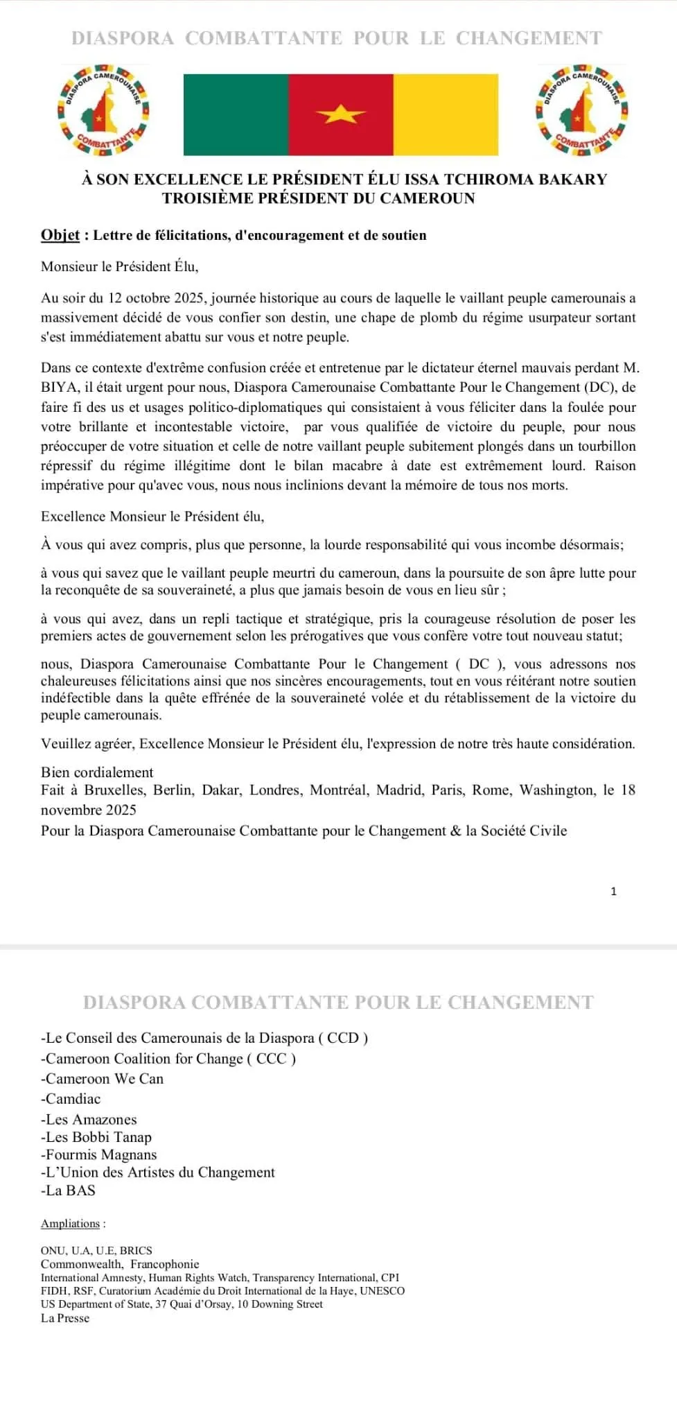 La Diaspora camerounaise adresse une lettre de félicitations et de ...